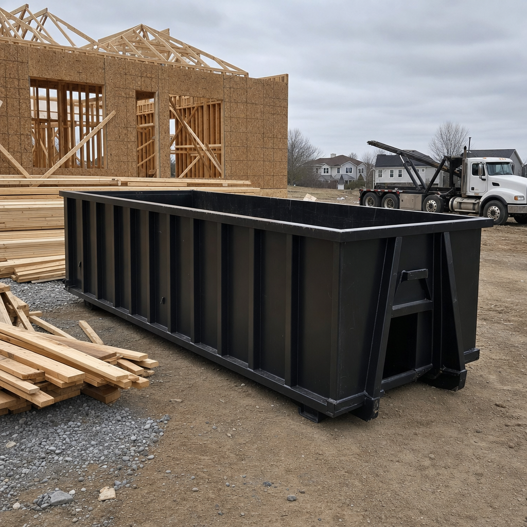 Matte-black 40-yard roll-off dumpster staged on a framed-out residential construction site in Roanoke, framing lumber stacked nearby, hooklift delivery truck visible in the background under bright Colorado daylight