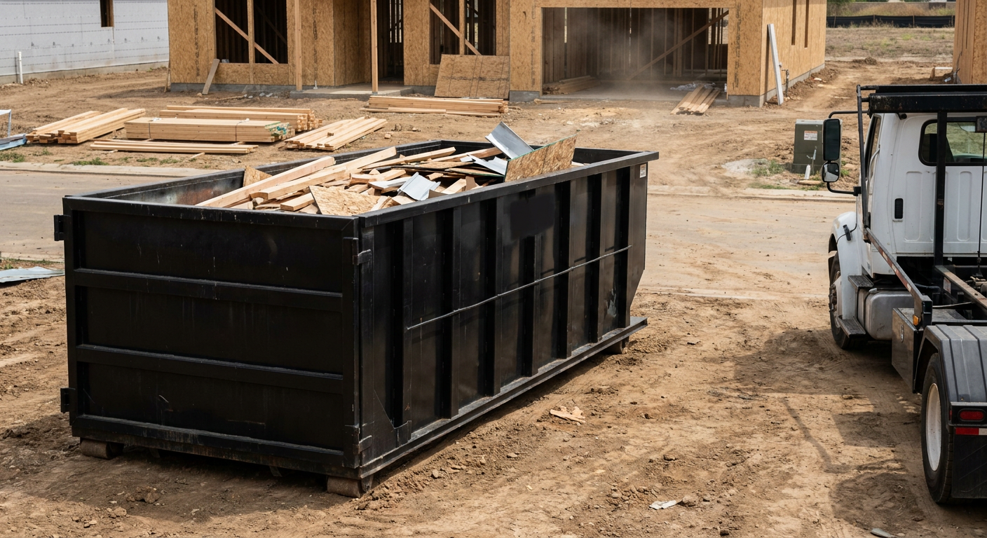 Matte-black 20-yard roll-off construction dumpster with heavy ribbed steel sidewalls and swing rear doors at a working jobsite in Roanoke, sitting directly on compacted dirt with an unmarked white hauler partially visible at the far edge of the frame.