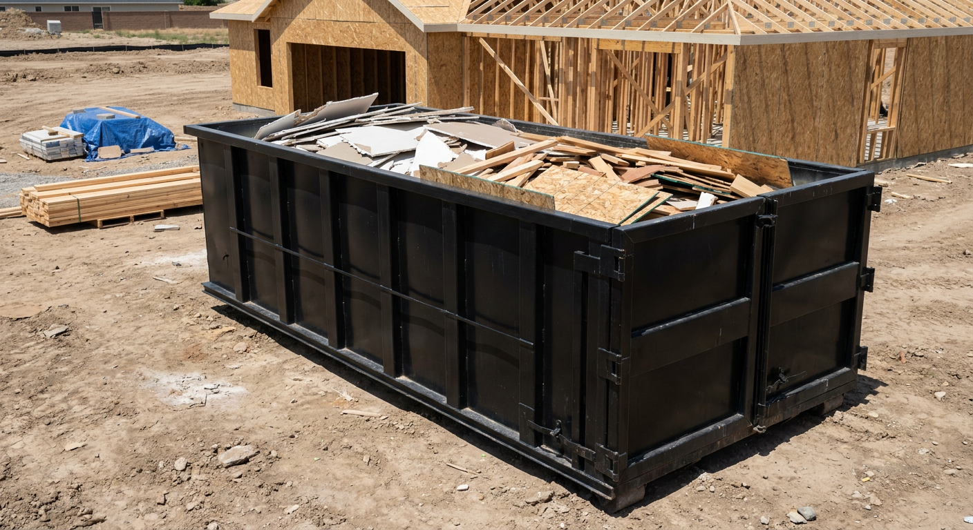 Matte-black 30-yard roll-off construction dumpster sitting directly on the compacted-dirt site of a framed single-family home build in Roanoke, drywall and lumber scrap loaded inside.