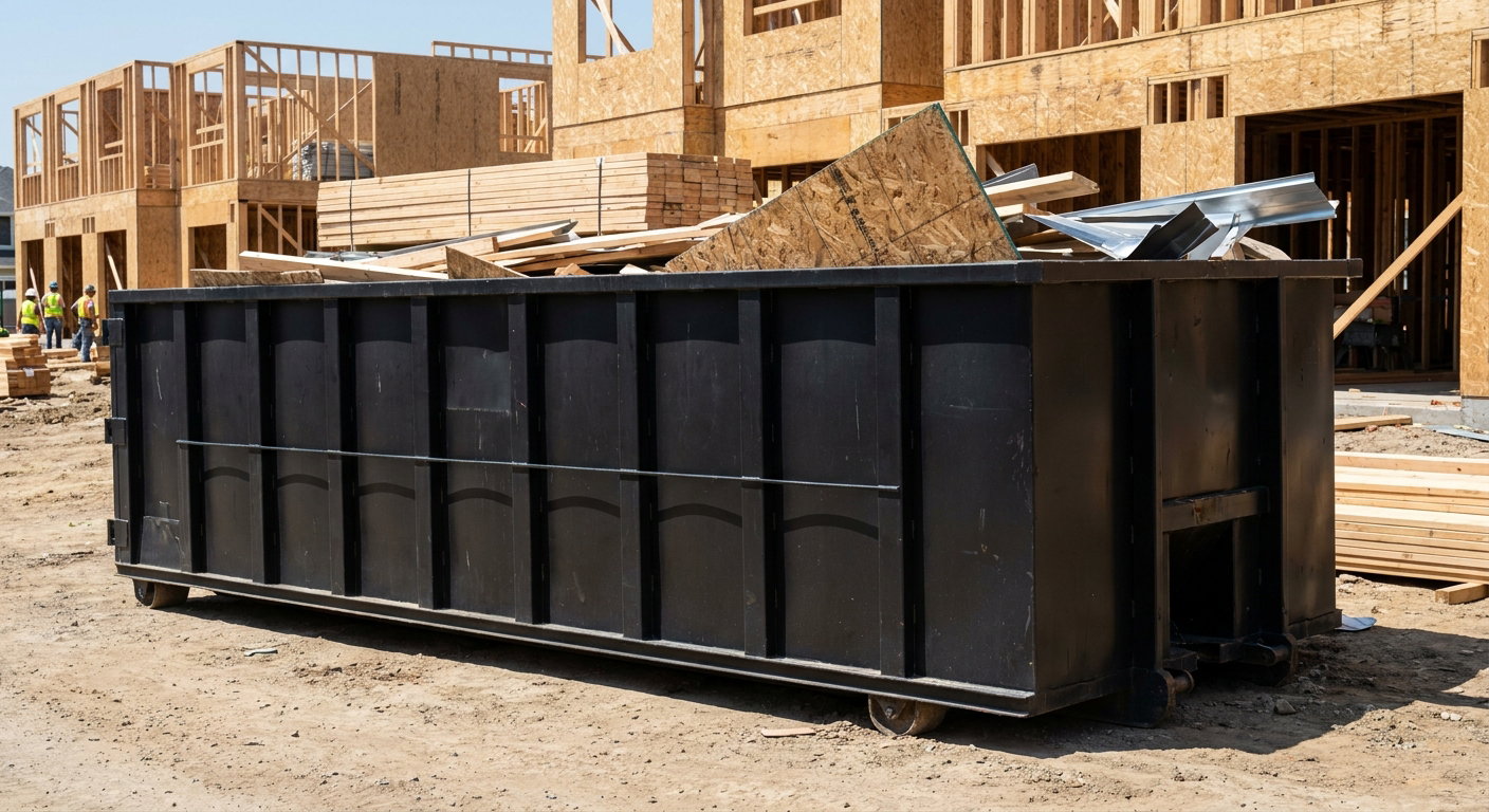 Matte-black 40-yard roll-off construction dumpster being lowered from a white-cab hooklift delivery truck onto the compacted-dirt jobsite at a commercial build site in Roanoke