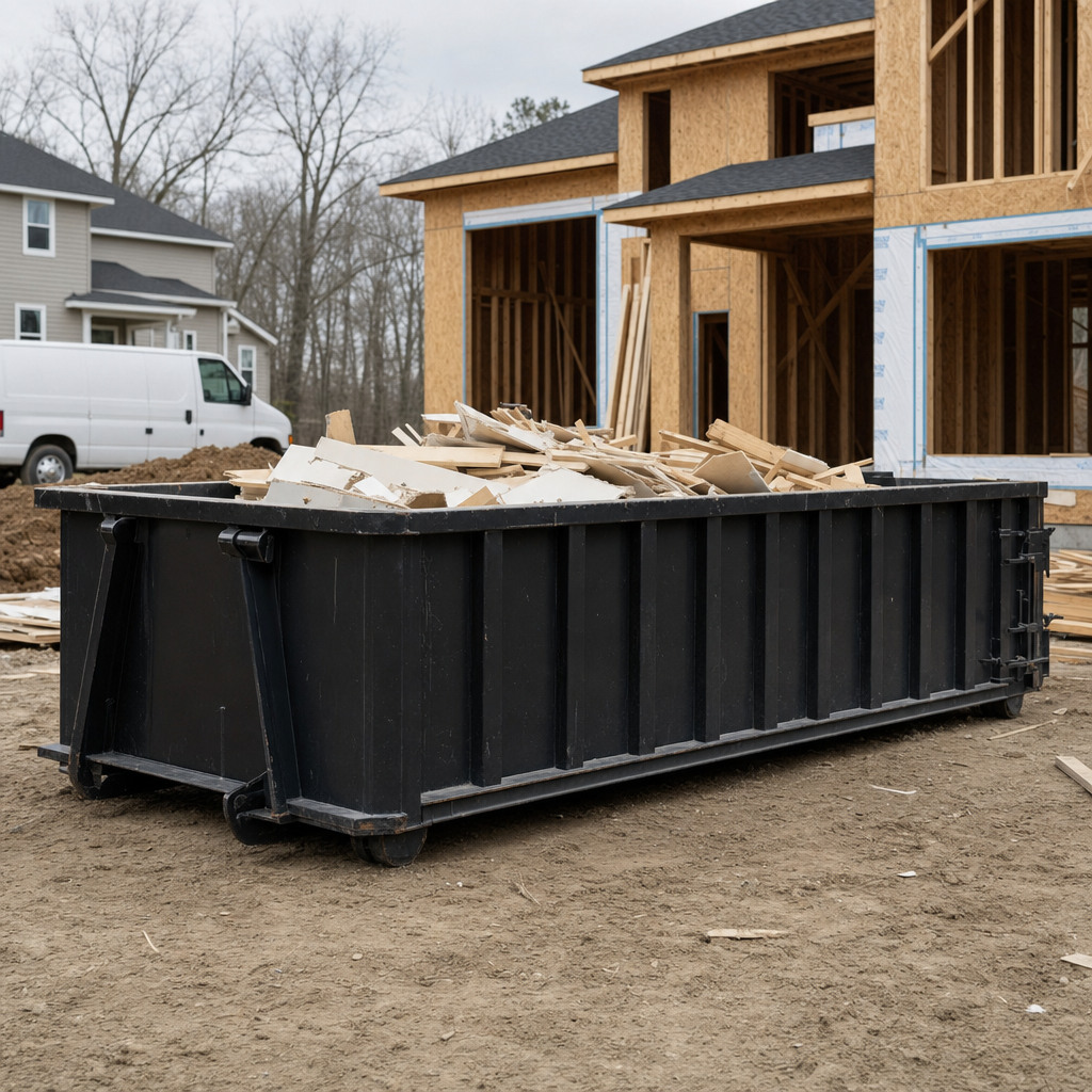 Worker in a yellow high-visibility vest tossing framing lumber and broken drywall into a matte-black 30-yard construction roll-off dumpster on an active build site in Roanoke, bright daylight