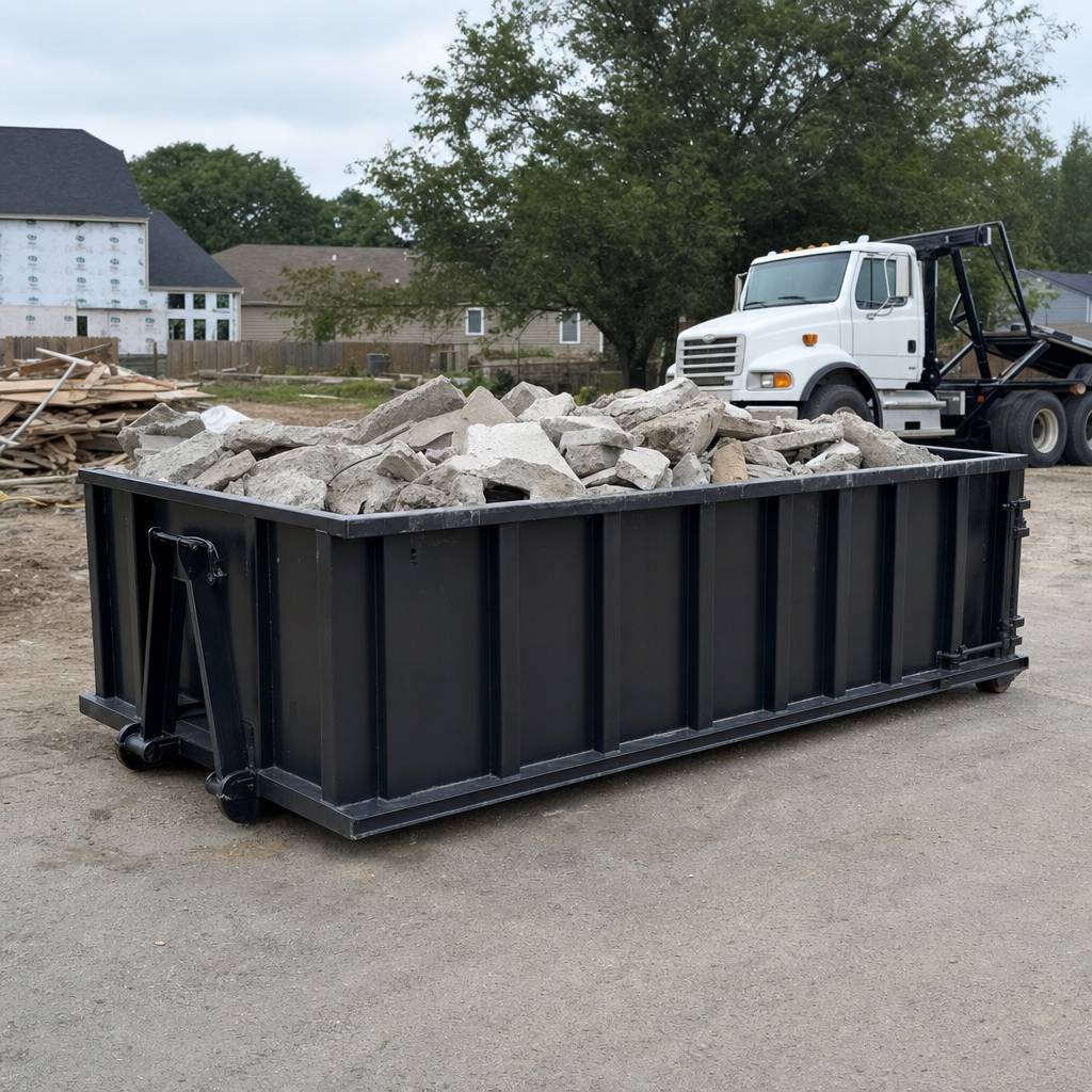 Low-profile matte-black lowboy roll-off dumpster loaded with broken concrete slab and rebar at a foundation tear-out in Roanoke, skid steer parked beside it, sunny Colorado morning