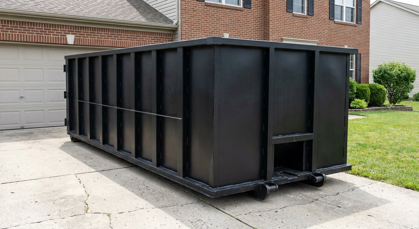 Matte-black 20-yard roll-off container on a Roanoke residential concrete driveway with reinforced ribbed steel sidewalls and a hinged rear walk-in door, clean bright daylight.