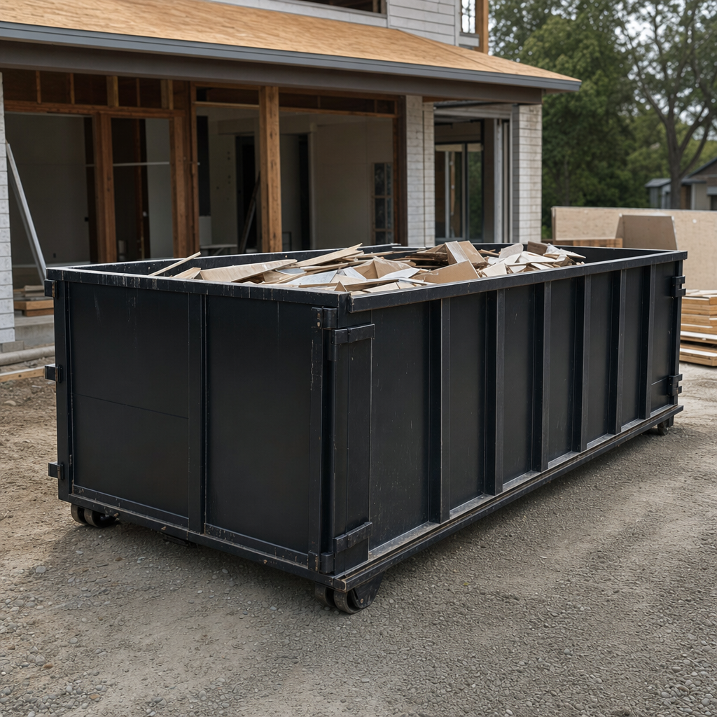 Large matte-black 30-yard construction roll-off dumpster at an active Roanoke jobsite, steel-gray top rails and bottom rollers visible, loaded with construction debris.