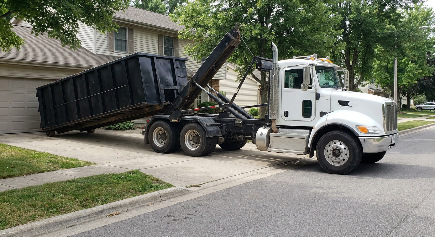 White-cab hooklift roll-off truck actively lowering a matte-black dumpster onto a Roanoke residential concrete driveway, the dumpster's rear wheels touching the driveway as the hoist arm tilts the bed forward, mid-morning daylight.
