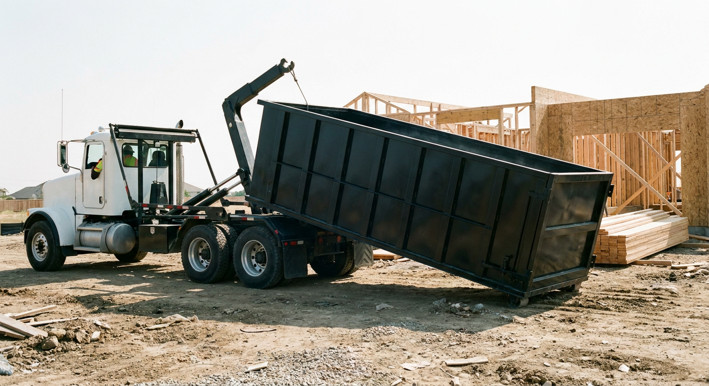 Matte-black roll-off dumpster being delivered onto a clean residential concrete driveway in Roanoke by an unmarked white hooklift hauler truck, bright morning daylight, documentary 35mm perspective.