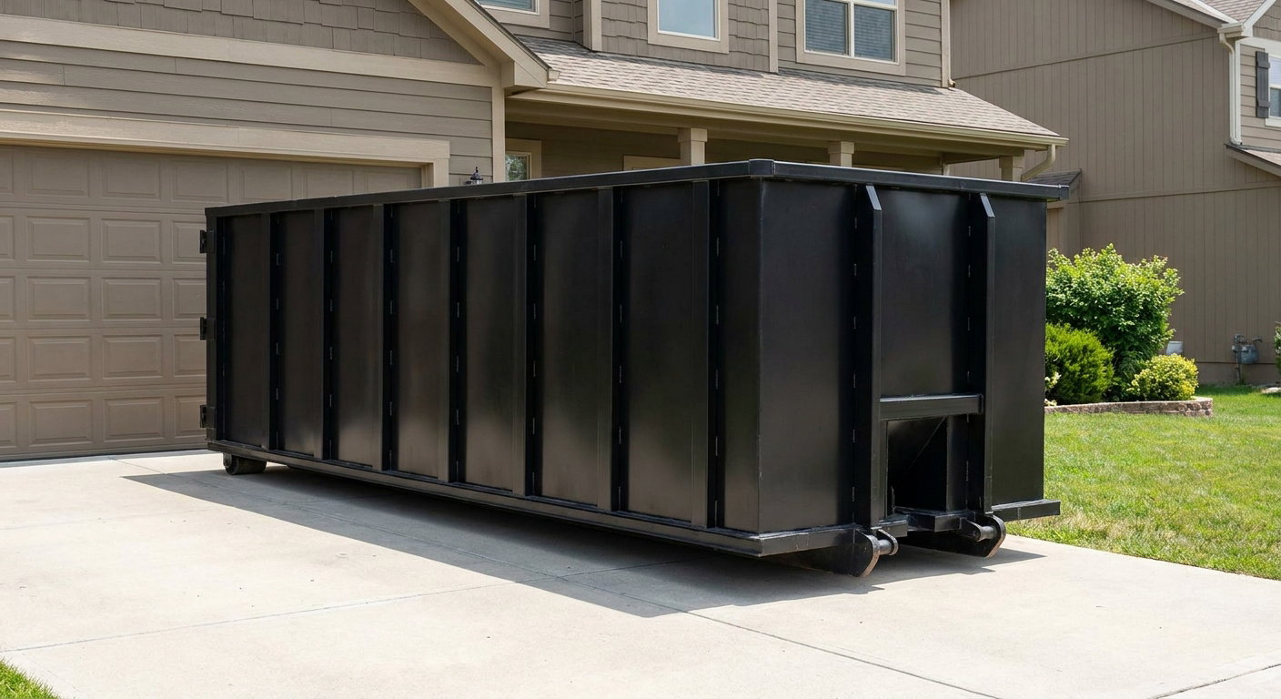Matte-black residential roll-off dumpster sitting directly on a suburban Roanoke concrete driveway, garage door closed, single-family home in background, bright morning daylight.