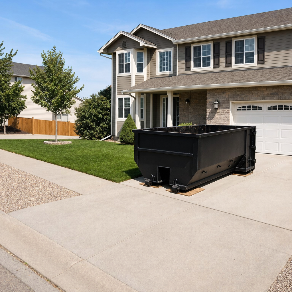 10-yard matte-black residential dumpster placed directly on a narrow Roanoke concrete driveway, room remains for a parked sedan beside it, mid-morning natural light
