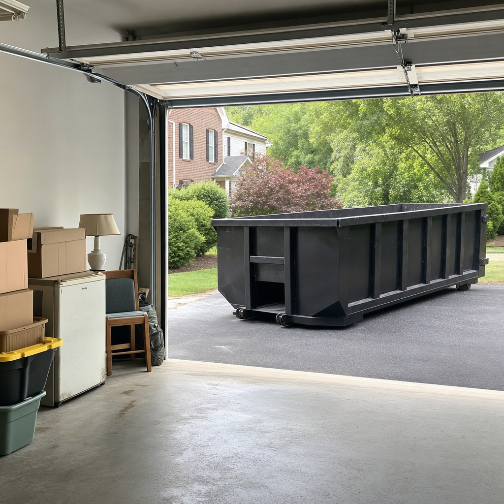 Open garage interior in a Roanoke home mid-cleanout — boxed items, an old appliance, and stacked yard tools queued near the driveway for a matte-black roll-off dumpster, organized and calm