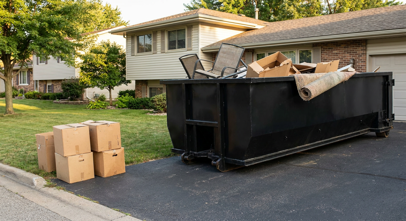 Front-yard view of a Roanoke split-level home with a 20-yard matte-black roll-off dumpster sitting directly on the asphalt driveway, a few clearly labeled donation boxes staged at the curb, calm sunny afternoon.