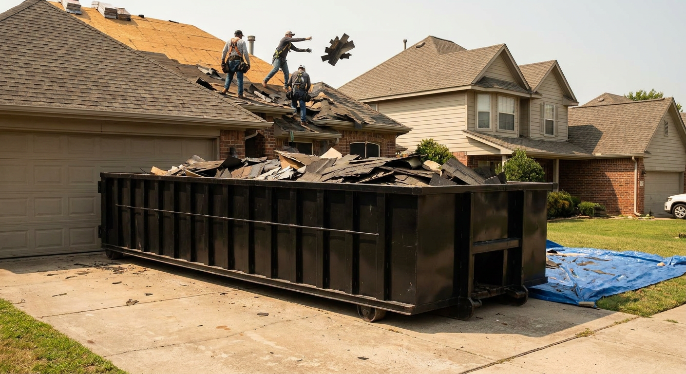 Matte-black roofing roll-off dumpster placed directly on a Roanoke residential concrete driveway, a tear-off crew on a two-story asphalt-shingle roof tossing shingle bundles into the low-walled container, bright daylight, documentary 35mm perspective.