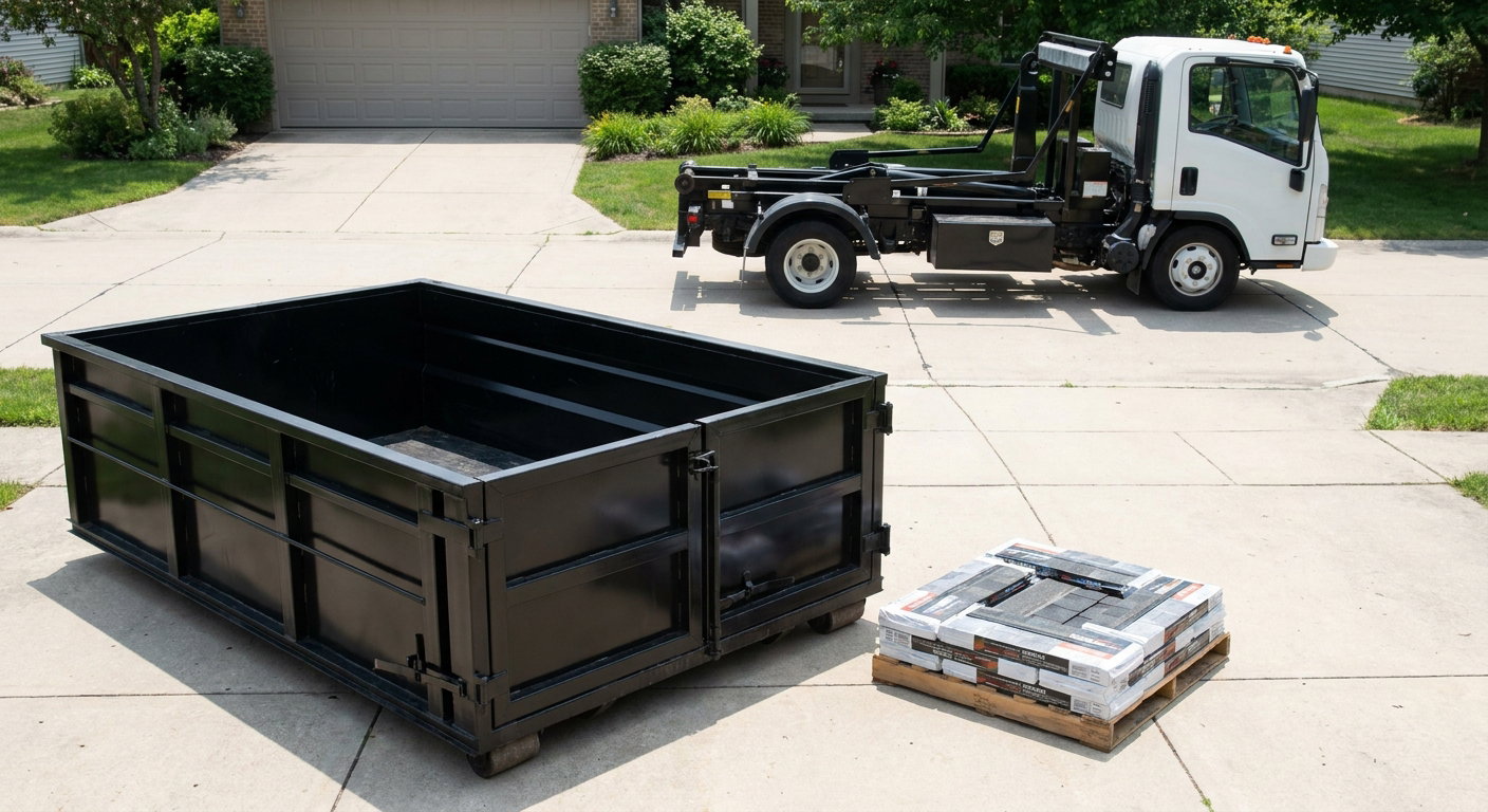 Matte-black 15-yard roofing roll-off dumpster with reinforced low side walls sitting directly on a Roanoke residential concrete driveway, three-tab asphalt shingle bundles stacked nearby, an unmarked white hauler truck partially visible at the edge of the frame.