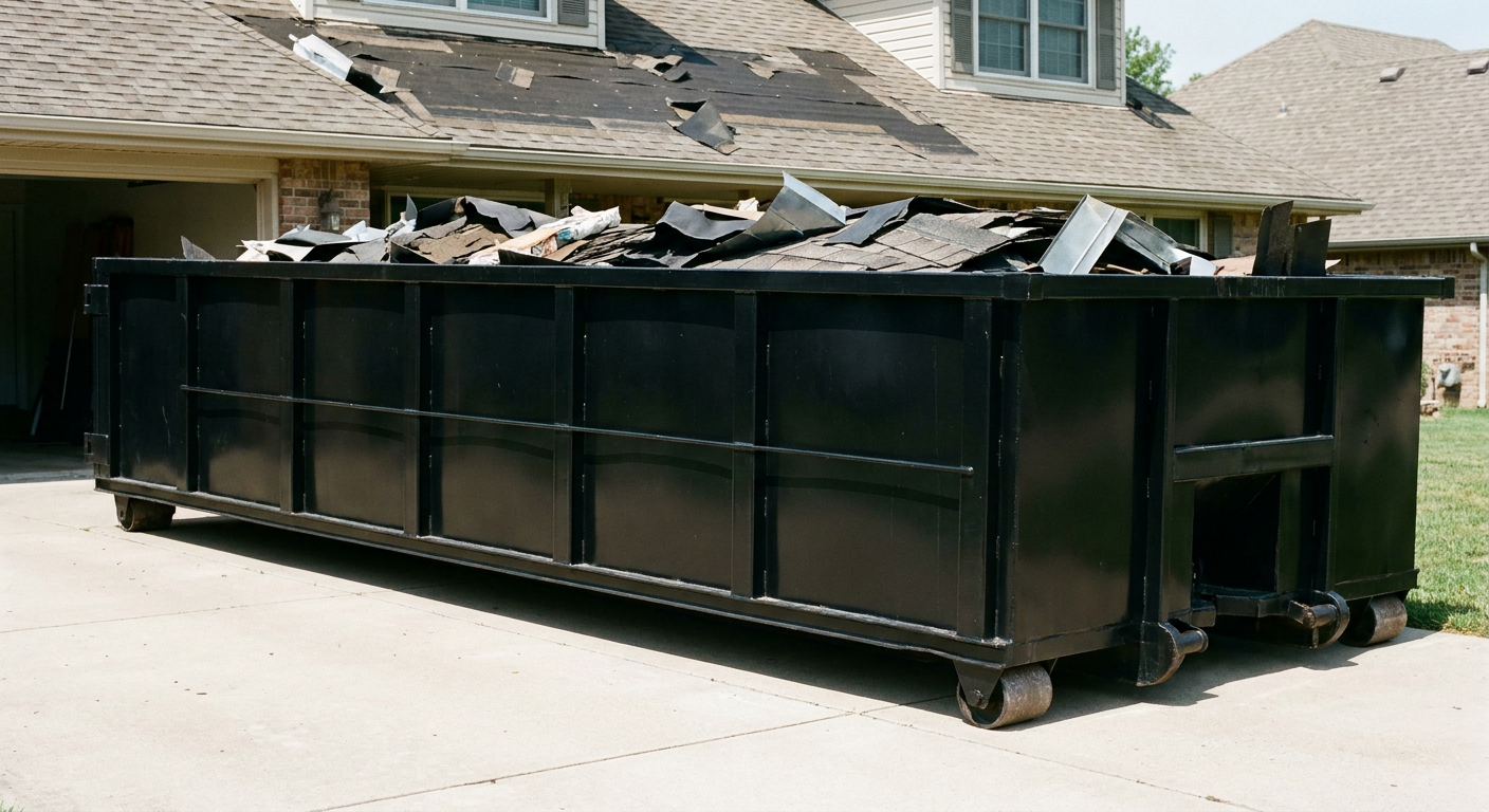 Matte-black 20-yard roofing roll-off dumpster with steel ribbed sides and swinging rear door, sitting directly on the concrete driveway of a two-story Roanoke home, asphalt shingle debris being loaded over the low wall, clean documentary lighting.
