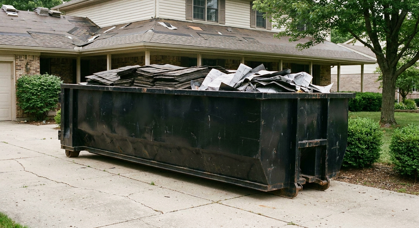Matte-black 30-yard roofing roll-off dumpster sitting directly on a Roanoke concrete driveway, taller ribbed steel side panels, mixed tear-off debris of asphalt shingles and underlayment inside, professional documentary daylight.