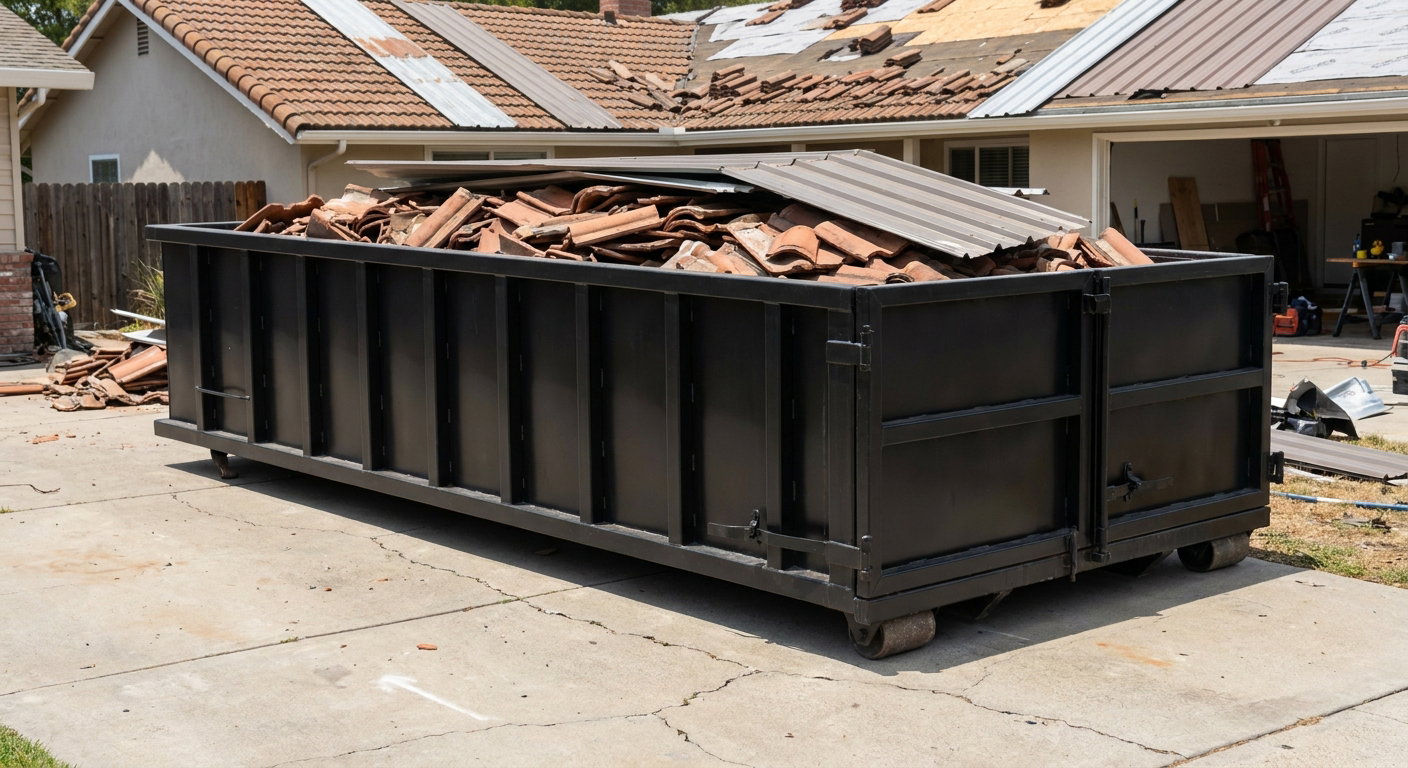 Matte-black low-wall heavy-debris roofing roll-off dumpster sitting directly on a Roanoke concrete driveway, broken concrete clay roof tiles and metal panel sections loaded inside, reinforced ribbed steel side walls visible, bright outdoor daylight.