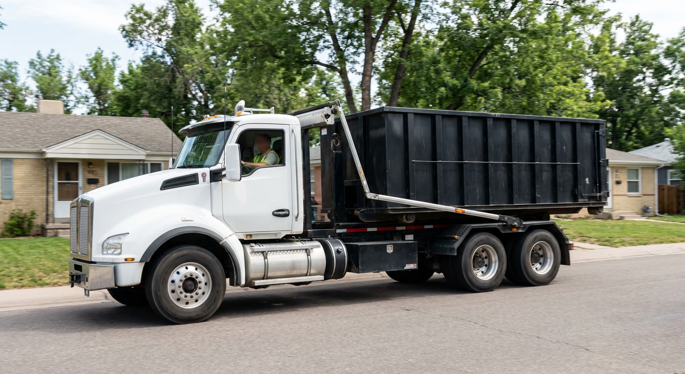 A wide documentary shot of a matte-black roll-off delivery truck pulling onto a quiet Roanoke residential street at mid-morning, with neighborhood rooftops and tree-lined blocks visible behind, showing the metro coverage footprint.