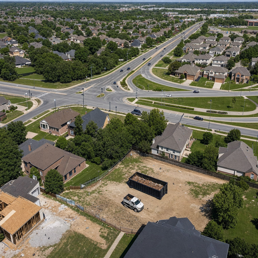 An overhead documentary view of the Roanoke metro area at midday, showing the spread of neighborhoods, arterial roads, and the dispatch radius from a central yard — clean daylight, organized geographic layout.