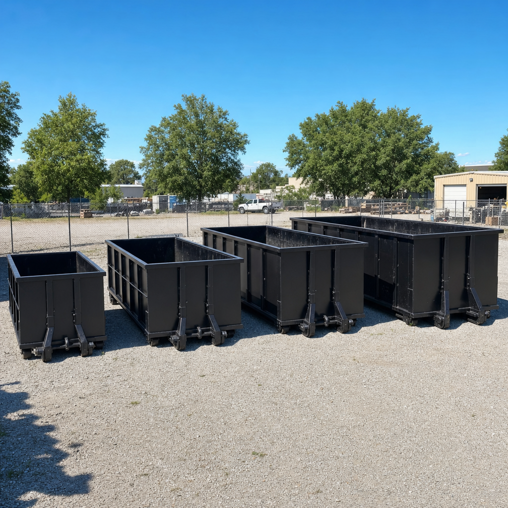 A clean lineup of matte-black roll-off dumpsters in 10, 20, 30, and 40-yard sizes staged on a sunlit gravel yard in Roanoke, showing the size progression from compact to commercial-scale containers.