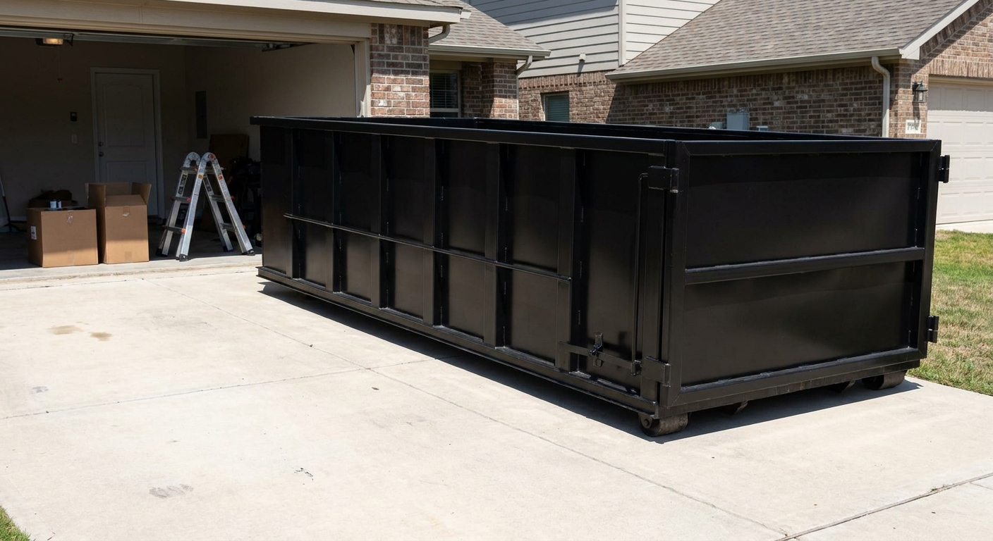 A matte-black 10-yard roll-off dumpster sitting directly on a residential Roanoke concrete driveway, mid-day sunlight, clean and ready for a garage cleanout.