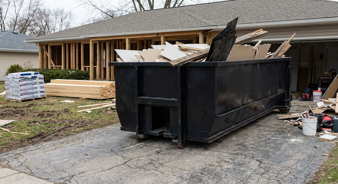 A matte-black 20-yard roll-off dumpster placed alongside a mid-renovation Roanoke home directly on the asphalt driveway, with framing materials and torn-off shingles staged neatly nearby.