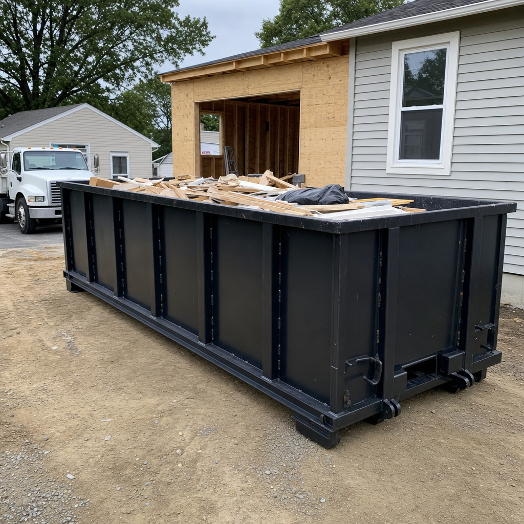 A matte-black 30-yard roll-off dumpster positioned at a Roanoke residential addition jobsite, with framing lumber and drywall scraps loaded through the open swinging rear doors.