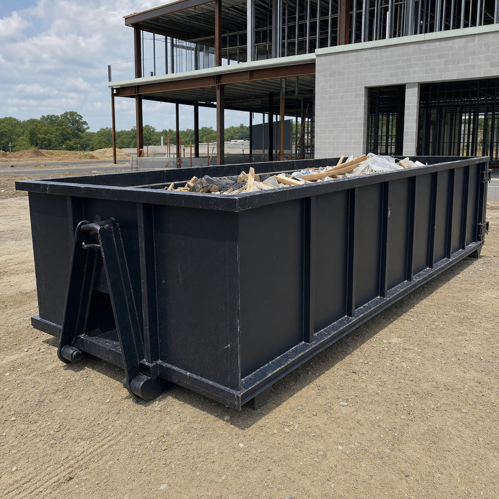 A matte-black 40-yard roll-off dumpster staged on a large Roanoke commercial construction lot, with a hooklift delivery truck parked alongside under bright midday sky.