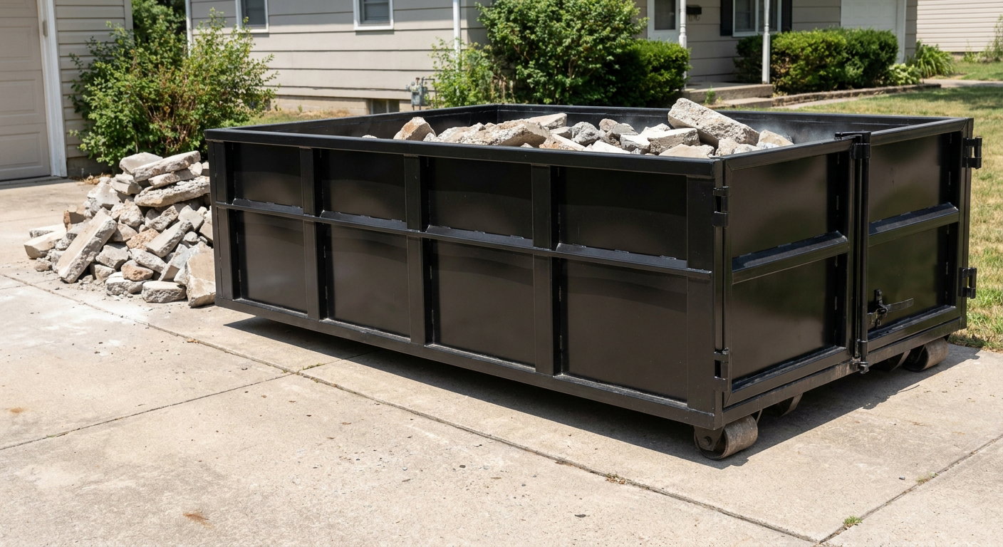 A matte-black low-side heavy-debris roll-off dumpster placed directly on a Roanoke concrete driveway, with broken concrete chunks neatly stacked beside it under clean daylight.